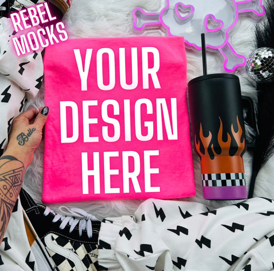 Neon Pink Tee Trending Alternative Flat Lay Mockup