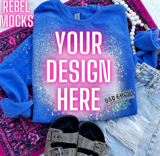 Heather Royal Bleach Crew Neck Sweatshirt TRENDING Flat Lay Mock up