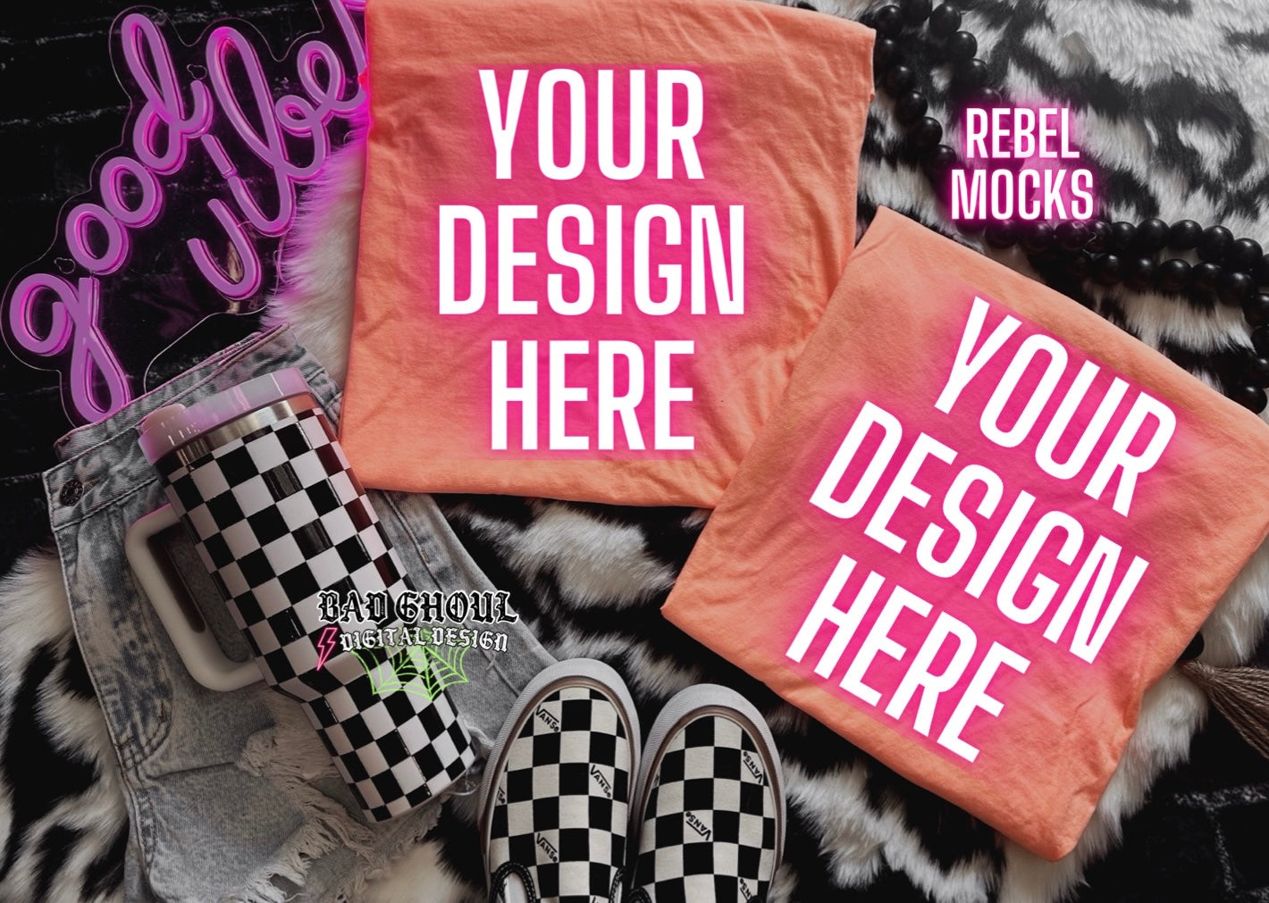 Flat Lay CC Neon Cantaloupe tee Mock Up Trendy Edgy Vibes