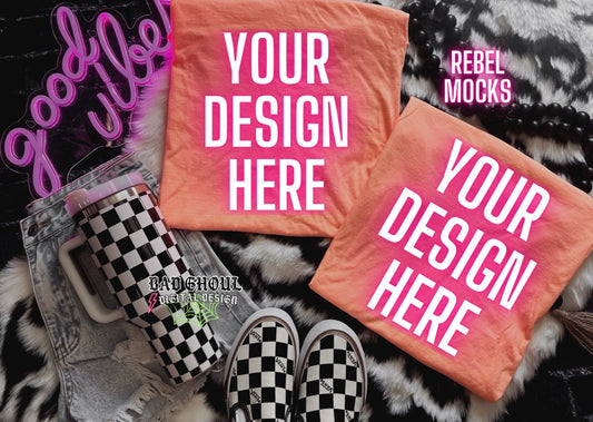 Flat Lay CC Neon Cantaloupe tee Mock Up Trendy Edgy Vibes