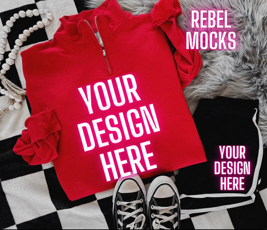 Red 1/4 Zip Up Sweatshirt Jerzees Trendy Mock Up Flat Lay