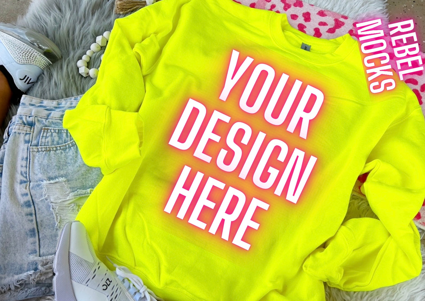 Safety Green Neon Yellow Crewneck Sweatshirt Mock Up flat lay TRENDY Clean Vibes