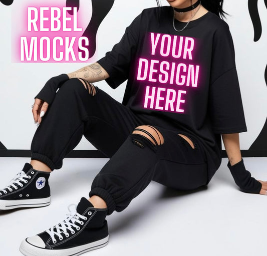 Black Oversized Tee & Jogger Edgy Trendy Model Mock Up