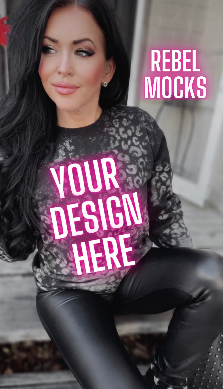 Cheetah leopard print acid wash Edgy Black crewneck sweatshirt  Model Alt Vibes Mock Up