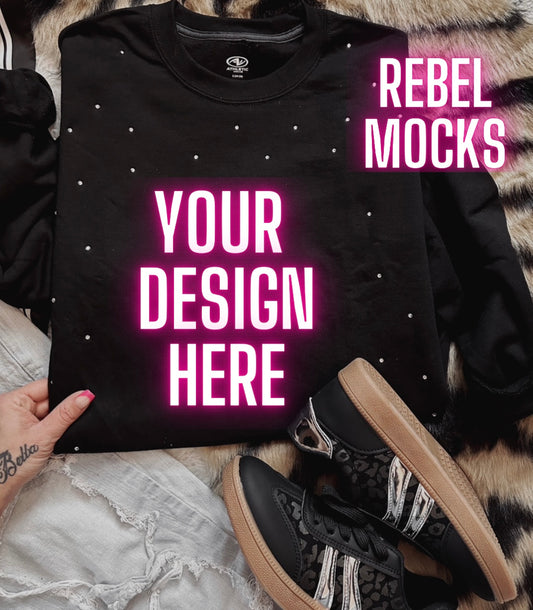 Rhinestone BLING Black Crew Sweatshirt Flat Lay Mock Up