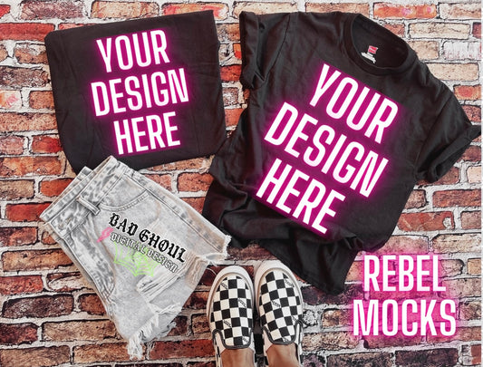 Front and Back Black Tee Flat Lay Mock Up