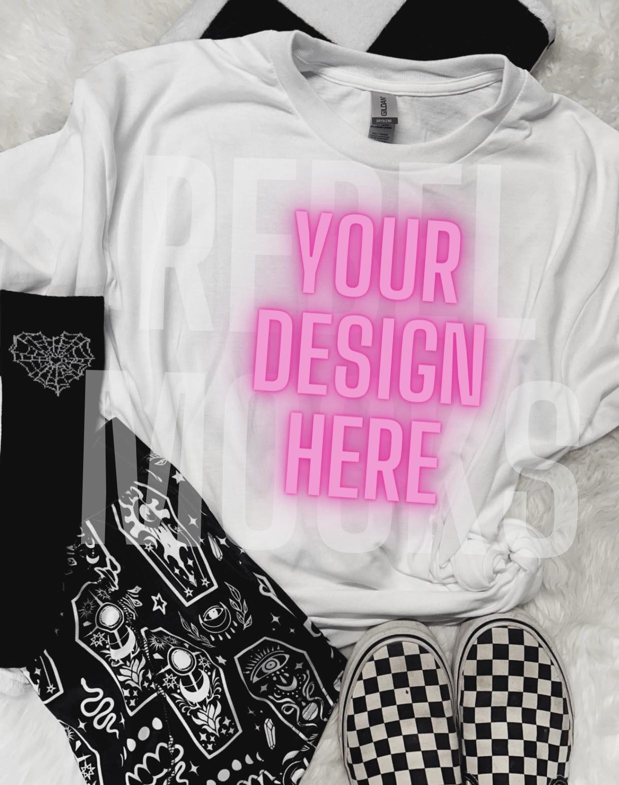 White Tee Style Edgy Alternative Flat Lay Mock Up