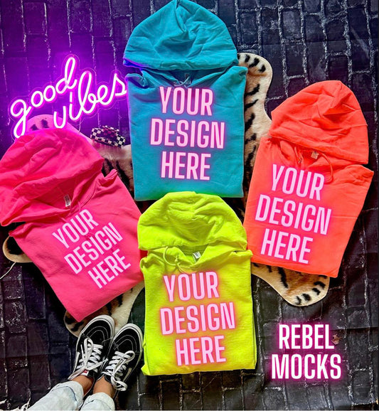 Neon Hoodies Edgy Trendy Flat Lay Mock Up