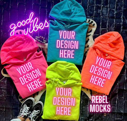 11 Mocks Bundle Combo Neon Hoodies Edgy Trendy Flat Lay & IRL Mock Ups