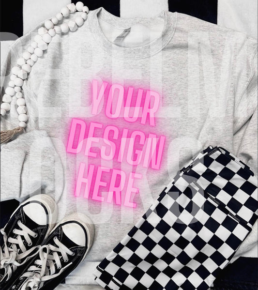 Ash Gildan Crew Neck Flat Lay Trendy Mock Up