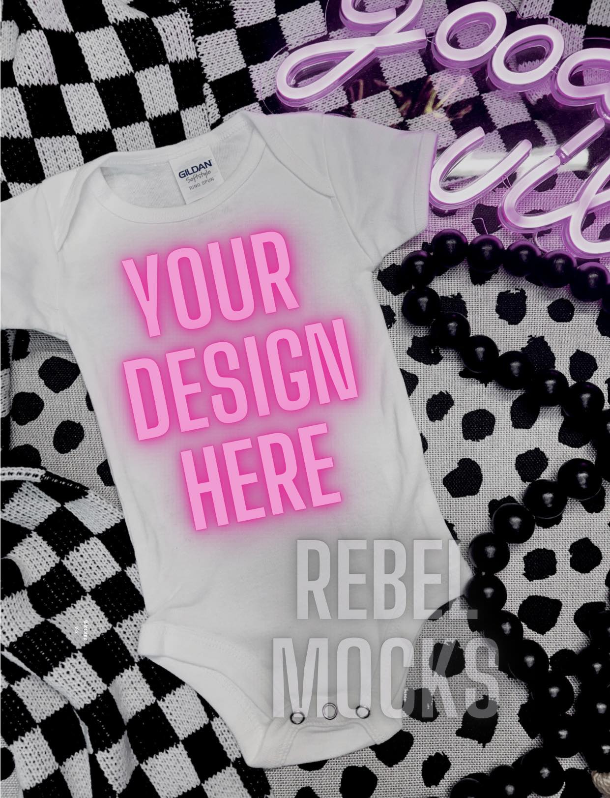 Baby White Onesie Alternative Edgy Trendy Mock Up Flat Lay