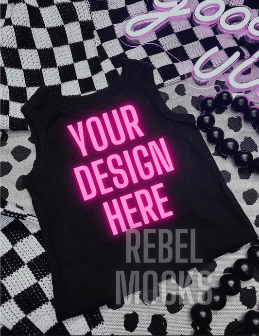 Toddler Baby Black Tank Tee Alternative Edgy Trendy Mock Up Flat Lay