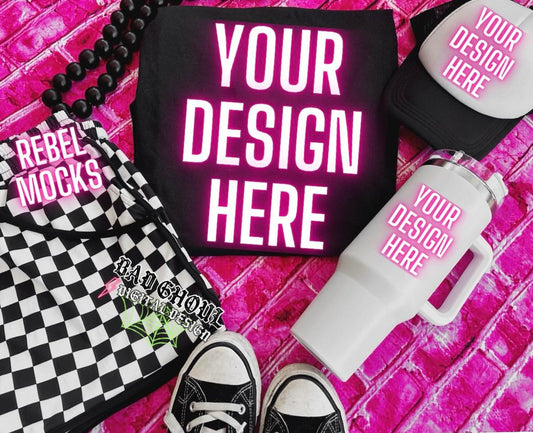Black Flat Lay Tee Hat and Tumbler Mock Up Trendz