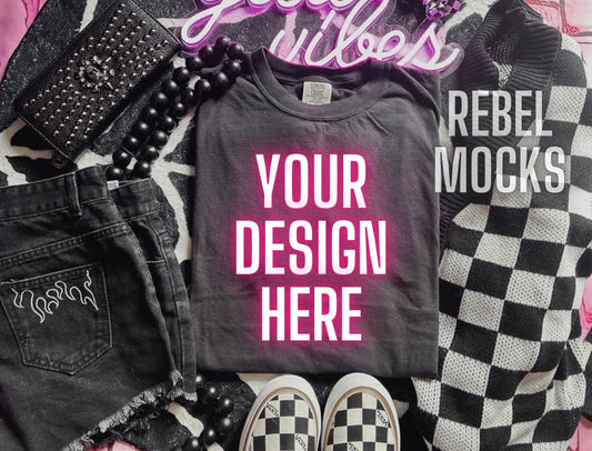 Black Tee Mock Up Flat Lay Alternative Edgy Checkered