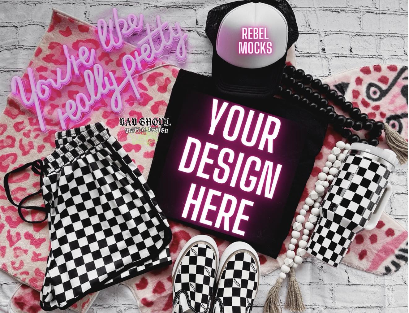 Black Flat Lay Mock Up & Trucker Hat Trendy Vibez
