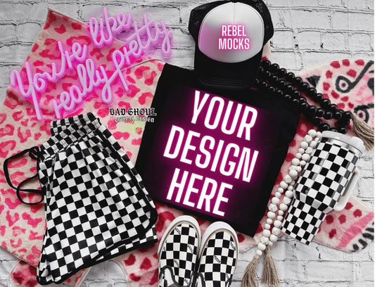 Black Flat Lay Mock Up & Trucker Hat Trendy Vibez
