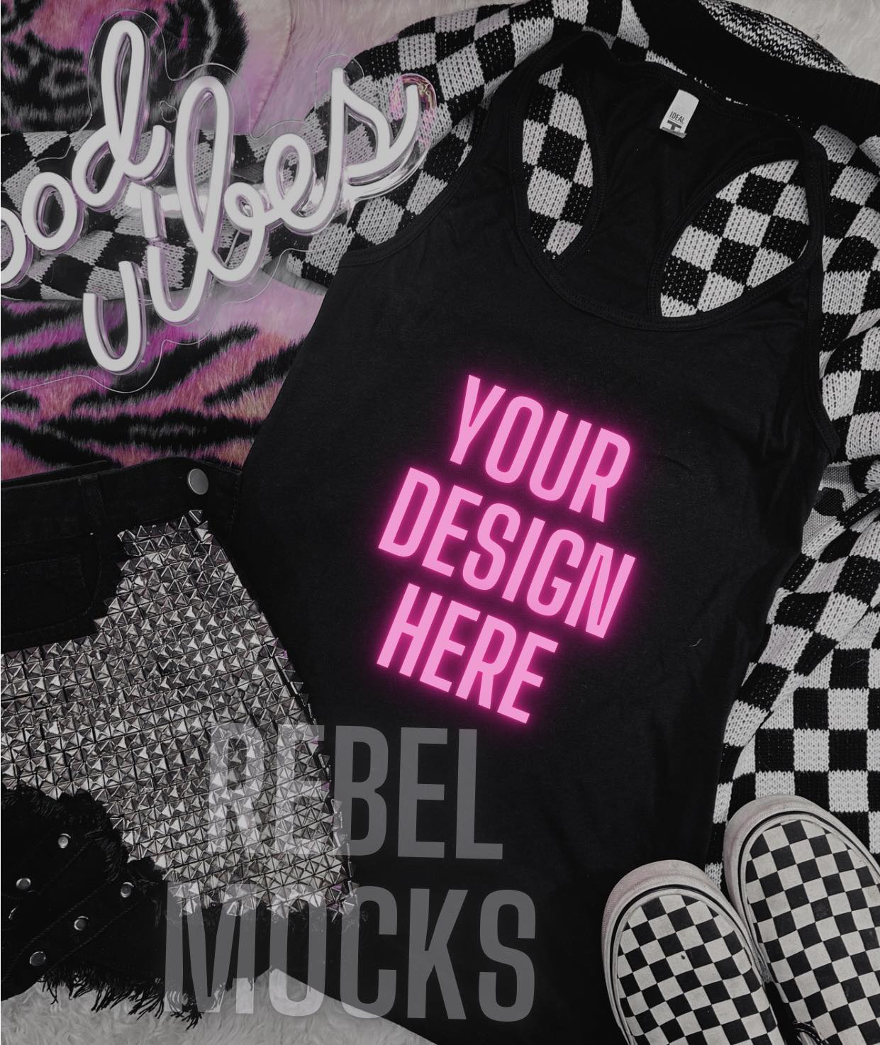 Edgy Black Tank Top Neon Sign Mock Up