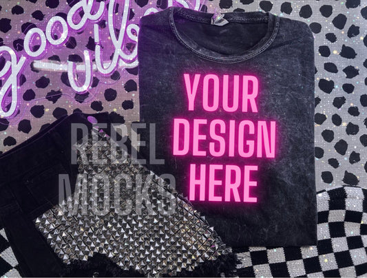 Blingy Mineral Wash Tee Flat Lay Trendy Mock Up