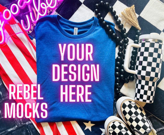 Flat Lay Heather Royal Tee Shirt Mock Up