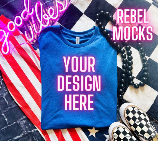 Flat Lay Heather Royal Tee Shirt Mock Up