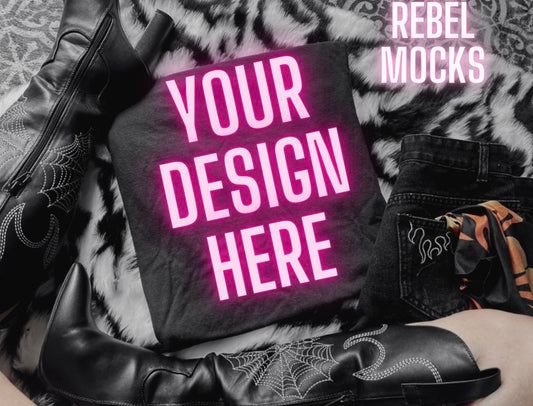 Edgy Trending black Tee Flat Lay Mock Up Boots
