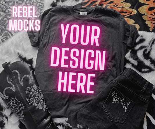 Edgy Trending black Tee Flat Lay Mock Up Boots