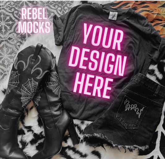 BUNDLE Edgy Trending black Tee Flat Lay Mock Up Boots 2 Mocks