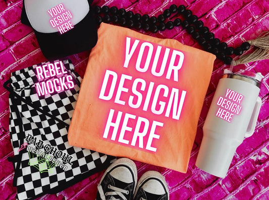 Comfort Colors Neon Cantaloupe Tee Flat Lay Mock Up Trendz