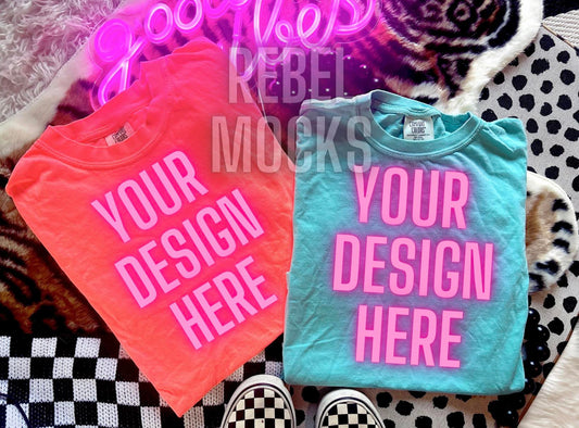 Comfort Colors Chalky Mint & Neon Red Orange Edgy Trendy Mock Up Flat Lay