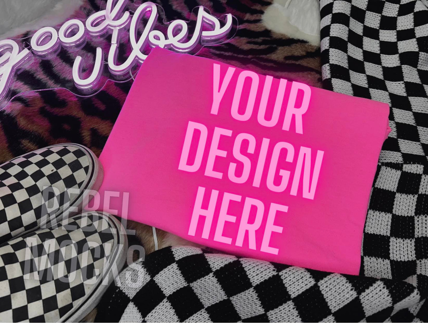 Neon Pink Comfort Colors Folded Flat Lay Mock Up