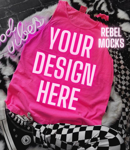 Comfort Colors Tank Neon PINK Mock Up flat lay