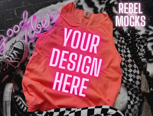 Comfort Colors Tank Neon Red Orange Mock Up flat lay