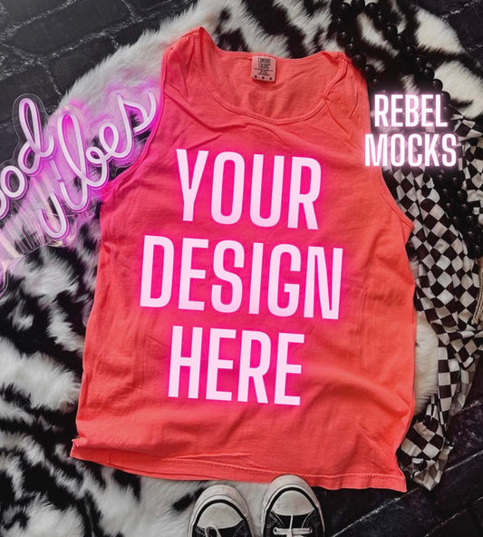Comfort Colors Tank Neon Red Orange Mock Up flat lay
