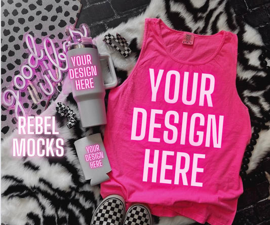 Comfort Colors Tank Neon PINK Mock Up flat lay Cup and Koozie