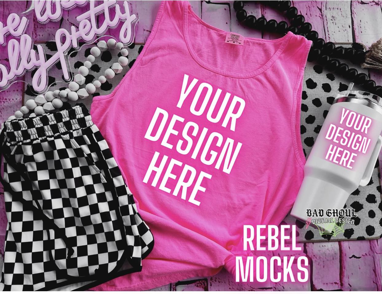 CC Neon Pink Flat Lay Tank Top & Tumbler Trendy Vibez Flat Lay Mock up