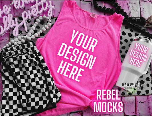 CC Neon Pink Flat Lay Tank Top & Tumbler Trendy Vibez Flat Lay Mock up