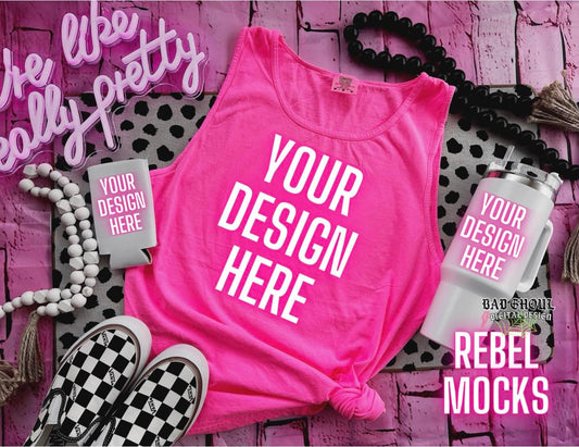 CC Neon Pink Flat Lay Tank Top & Tumbler & Koozie Trendy Vibez Flat Lay Mock up