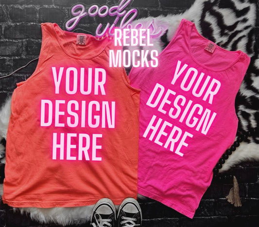 Comfort Colors Tank Neon PINK and Neon Red Orange Mock Up flat lay