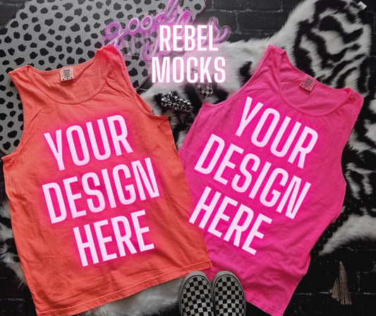 Comfort Colors Tank Neon PINK and Neon Red Orange Mock Up flat lay