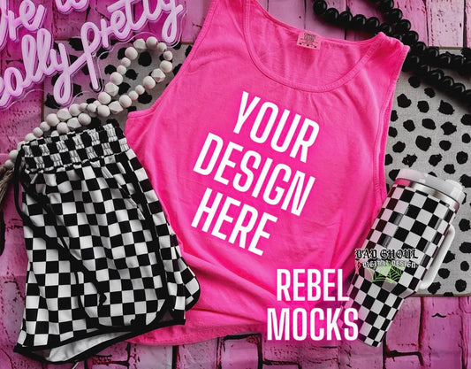 CC Neon Pink Flat Lay Tank Top Trendy Vibez Flat Lay Mock up