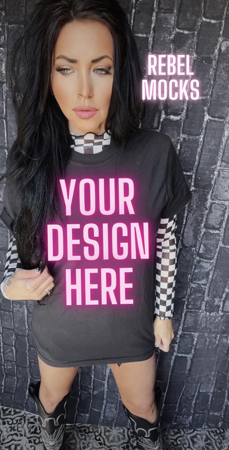BUNDLE Checkered  EDGY IRL Black Tee Mock Up 3 MOCKS