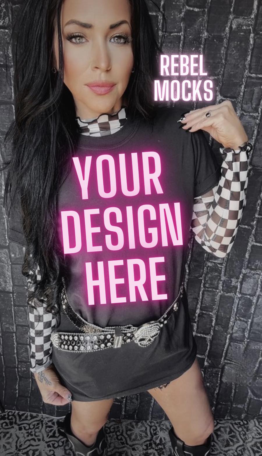 BUNDLE Checkered  EDGY IRL Black Tee Mock Up 3 MOCKS