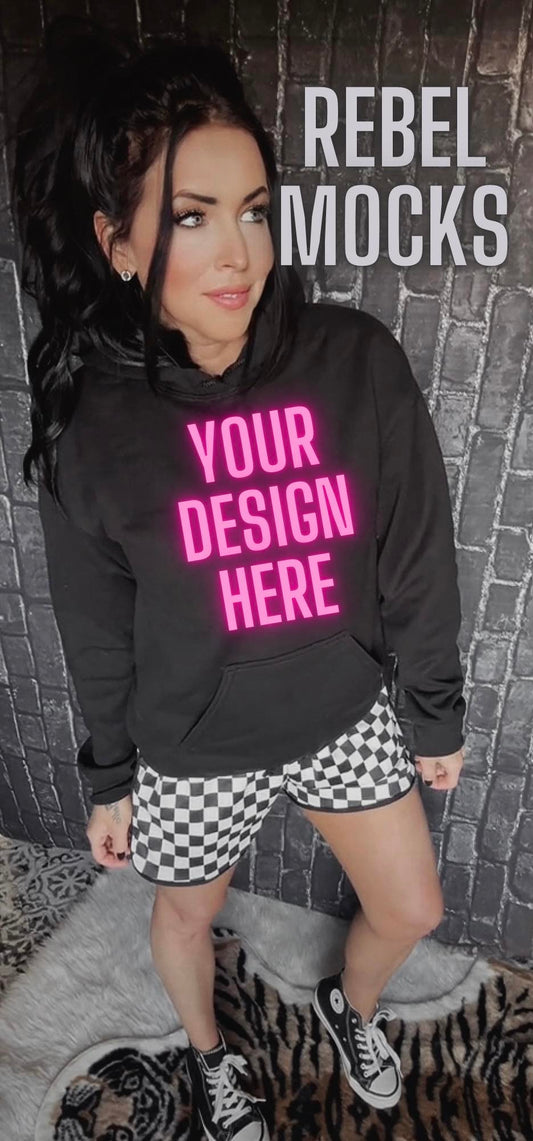 Black Hoodie Checkered EDGY Mock Up MODEL IRL