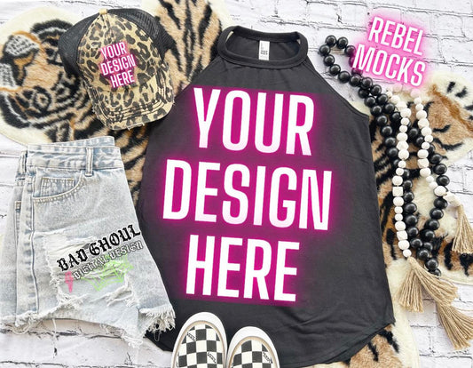 Black Frost Tri Rocker Tank and hat Flat Lay Mock Up TRENDING