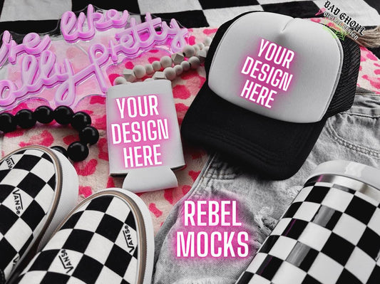 Hat and Koozie Flat Lay Tank Trendy Vibez Flat Lay Mock up