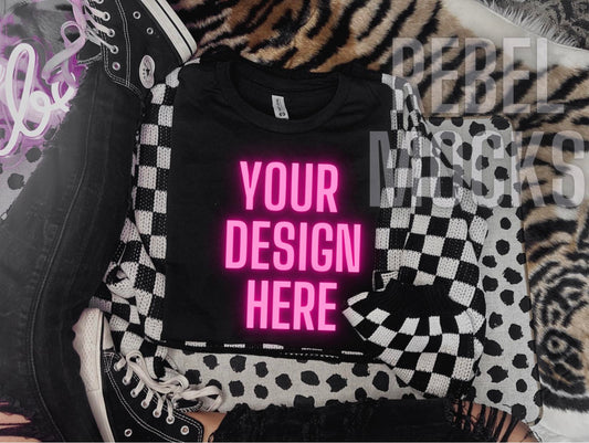 Black Tee Flat Lay Trendy Mock Up Checkered