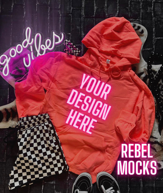 BUNDLE 3 MOCK Retro Heather Coral Hoodie Edgy Trendy flat lay and IRL Mockup