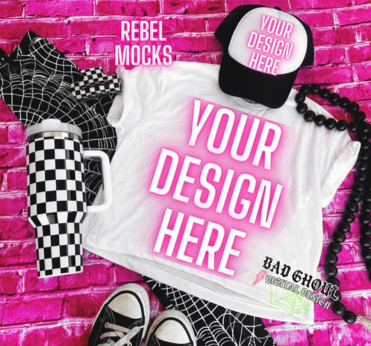 White Crop Tee and Hat Flat Lay Mock Up Trendz