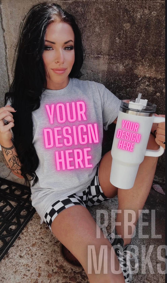 Model Mock Ash Tee and Cup Alternative Edgy Trendy Mock Up Sub Friendly