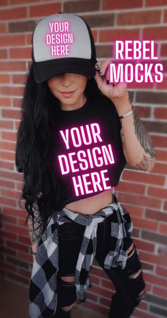 IRL MODEL MOCK EDGY AF Mock Up Black Crop and HAT